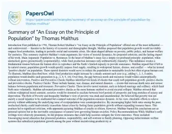 Essay on Summary of “An Essay on the Principle of Population” by Thomas Malthus