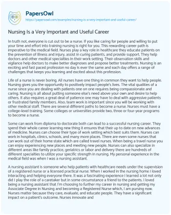 Essay on Nursing is a very Important and Useful Career