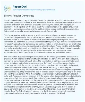 Essay on Elite Vs. Popular Democracy