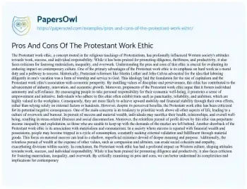 Essay on Pros and Cons of the Protestant Work Ethic