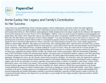 Essay on Annie Easley: her Legacy and Family’s Contribution to her Success