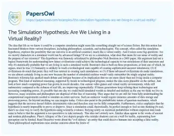 Essay on The Simulation Hypothesis: are we Living in a Virtual Reality?