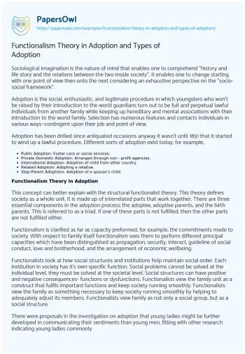 Essay on Functionalism Theory in Adoption and Types of Adoption