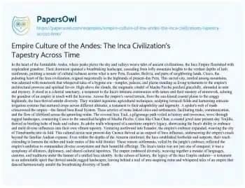 Essay on Empire Culture of the Andes: the Inca Civilization’s Tapestry Across Time