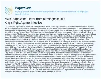 Essay on Main Purpose of “Letter from Birmingham Jail”: King’s Fight against Injustice