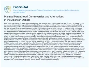 Essay on Planned Parenthood: Controversies and Alternatives in the Abortion Debate