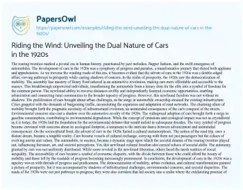 Essay on Riding the Wind: Unveiling the Dual Nature of Cars in the 1920s