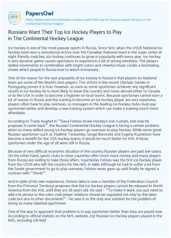 Essay on Russians Want their Top Ice Hockey Players to Play in the Continental Hockey League