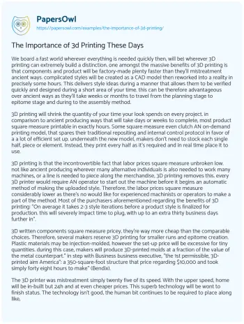 Essay on The Importance of 3d Printing these Days