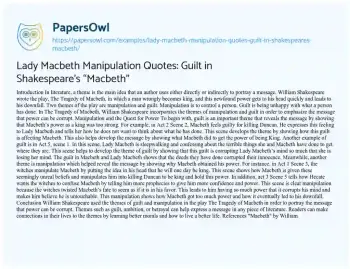 Essay on Lady Macbeth Manipulation Quotes: Guilt in Shakespeare’s “Macbeth”