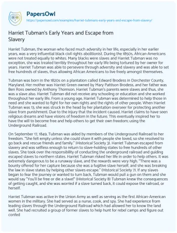 Essay on Harriet Tubman’s Early Years and Escape from Slavery