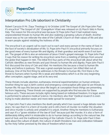 Essay on Interpretation Pro Life (abortion) in Christianity