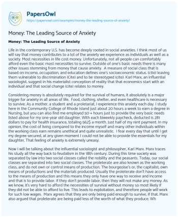 Essay on Money: the Leading Source of Anxiety