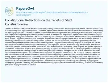 Essay on Constitutional Reflections on the Tenets of Strict Constructionism