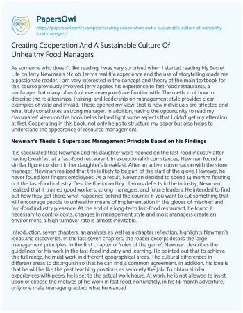 Essay on Creating Cooperation and a Sustainable Culture of Unhealthy Food Managers