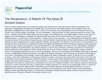 Essay on The Renaissance : a Rebirth of the Ideas of Ancient Greece