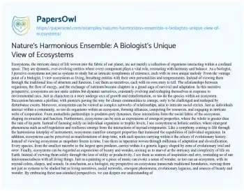 Essay on Nature’s Harmonious Ensemble: a Biologist’s Unique View of Ecosystems