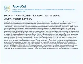 Essay on Behavioral Health Community Assessment in Graves County, Western Kentucky