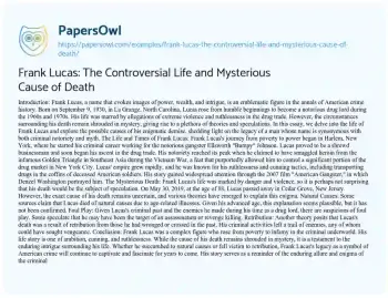 Essay on Frank Lucas: the Controversial Life and Mysterious Cause of Death