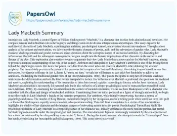 Essay on Lady Macbeth Summary