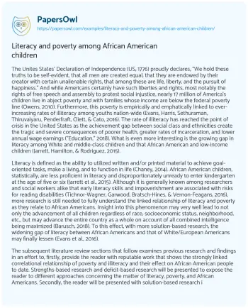 Essay on Literacy and Poverty Among African American Children