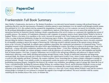 Essay on Frankenstein Full Book Summary