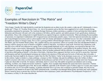 Essay on Examples of Narcissism in “The Matrix” and “Freedom Writer’s Diary”