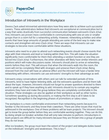 Essay on Introduction of Introverts in the Workplace