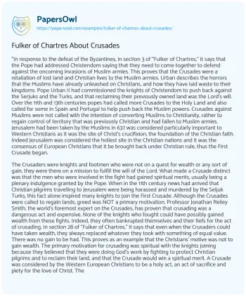 Essay on Fulker of Chartres about Crusades