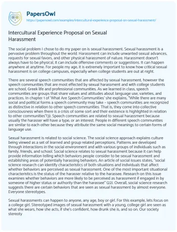 Essay on Intercultural Experience Proposal on Sexual Harassment