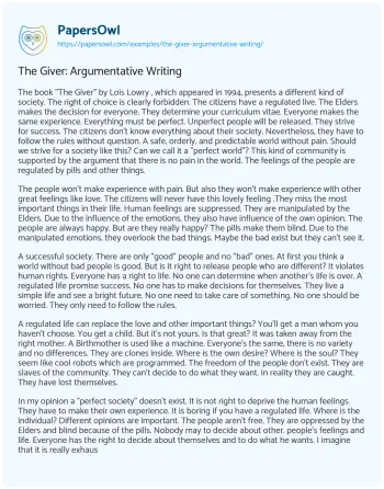 Essay on The Giver: Argumentative Writing