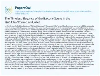 Essay on The Timeless Elegance of the Balcony Scene in the 1968 Film ‘Romeo and Juliet