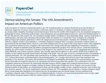 Essay on Democratizing the Senate: the 17th Amendment’s Impact on American Politics