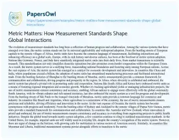 Essay on Metric Matters: how Measurement Standards Shape Global Interactions