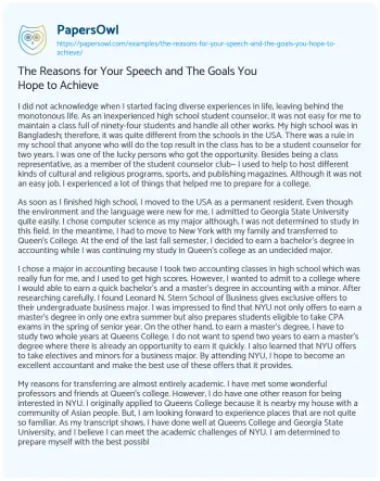 Essay on The Reasons for your Speech and the Goals you Hope to Achieve