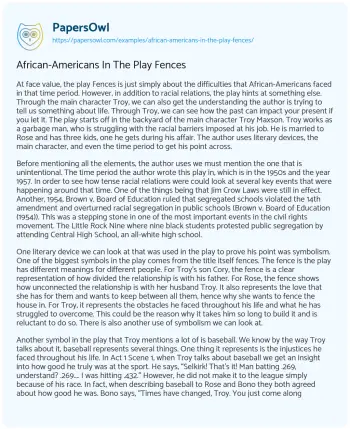 Essay on African-Americans in the Play Fences