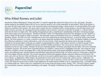 Essay on Who Killed Romeo and Juliet