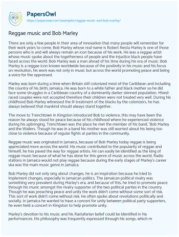 Essay on Reggae Music and Bob Marley