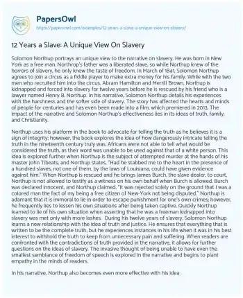 Essay on 12 Years a Slave: a Unique View on Slavery