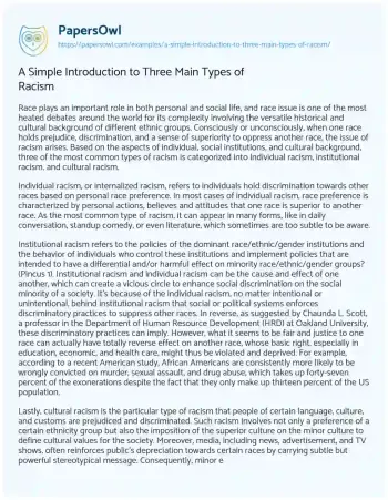 Essay on A Simple Introduction to Three Main Types of Racism