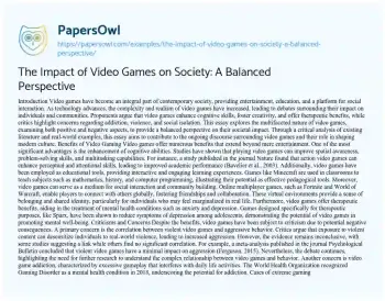 Essay on The Impact of Video Games on Society: a Balanced Perspective