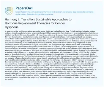 Essay on Harmony in Transition: Sustainable Approaches to Hormone Replacement Therapies for Gender Dysphoria