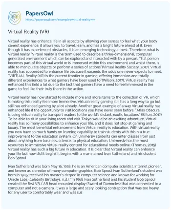 Essay on Virtual Reality (VR)