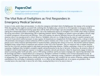 Essay on The Vital Role of Firefighters as First Responders in Emergency Medical Services