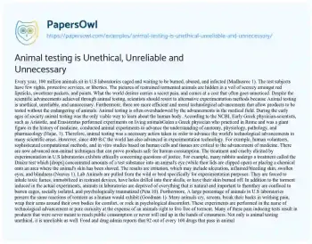 Essay on Animal Testing is Unethical, Unreliable and Unnecessary