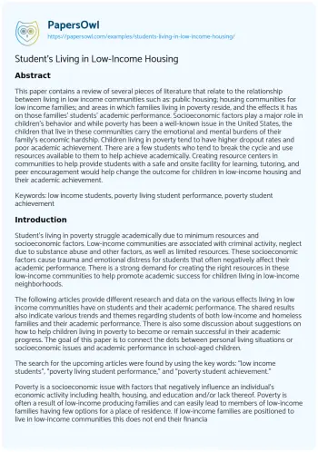 Essay on Student’s Living in Low-Income Housing