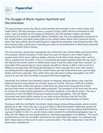 Essay on The Struggle of Blacks against Apartheid and Discrimination