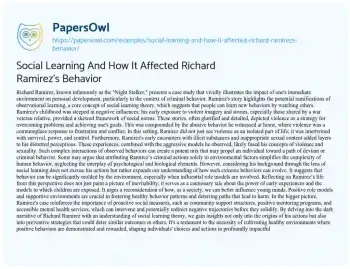 Essay on Social Learning and how it Affected Richard Ramirez’s Behavior