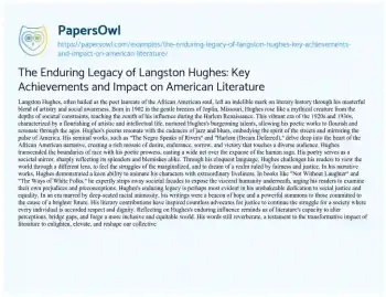 Essay on The Enduring Legacy of Langston Hughes: Key Achievements and Impact on American Literature