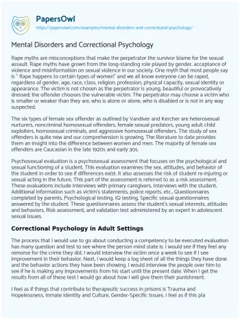 Essay on Mental Disorders and Correctional Psychology